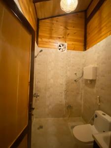 a bathroom with a shower with a toilet and a sink at بلفيو كوخ in As Sayl aş Şaghīr