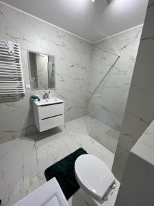 a white bathroom with a toilet and a sink at Apartament Wierzbowa Park in Białystok