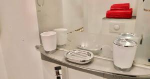 a bathroom counter with two cups and a mirror at L'Entrée des Artistes Studette avec terrasse - LAVALOC in Laval