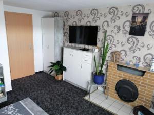 ein Wohnzimmer mit einem TV und einem Kamin in der Unterkunft Bungalow in Kritzmow
