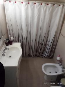 y baño con cortina de ducha, lavabo y aseo. en ALQUILO CASA EN NECOCHEA en Necochea