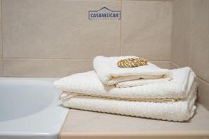 uma pilha de toalhas sentadas num balcão na casa de banho em Casa Alcoba de la luz em Sanlúcar de Barrameda