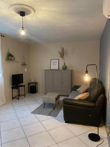 a living room with a couch and a tv at Le Havre de Braye in Braye-en-Laonnois