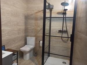 uma casa de banho com um WC e um chuveiro em Beautiful Studio apartment in Qormi Malta em Qormi