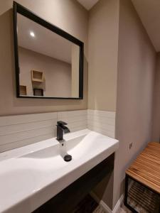 La salle de bains est pourvue d'un lavabo blanc et d'un miroir. dans l'établissement Maison typique privée - Sart Lez Spa - PINE COTTAGE- charme piscine, à Sart