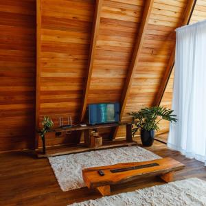 sala de estar con TV y pared de madera en Cabana Vale do Funil, en Taió