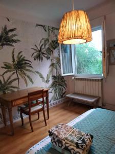 - un salon avec une table et une fenêtre dans l'établissement Calme & Indépendance, à Lourdes