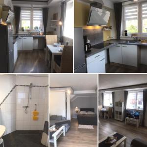 4 Bilder von einer Küche und einem Wohnzimmer in der Unterkunft Erlebnis-Ferienhof Reekenfeld in Barßel