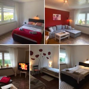 four pictures of a bedroom with a bed and a tv at Erlebnis-Ferienhof Reekenfeld in Barßel