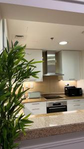 Küche/Küchenzeile in der Unterkunft Beachfront Luxury Apartment-Pearl Island شقه مطله على الشاطئ بجزيرة اللؤلؤه