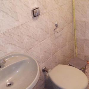 a bathroom with a white toilet and a sink at Raízes de Afrodite Kitnet in São Thomé das Letras