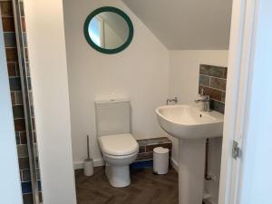 a bathroom with a sink and a toilet and a mirror at Apple Lodge self contained annex in Bridgwater