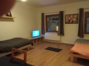 a living room with a couch and a television at Studio régence in Liège