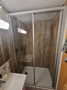 una ducha con una puerta de cristal junto a un lavabo en Schöne 3 1/2 Zimmer Wohnung in der Zentralschweiz, 