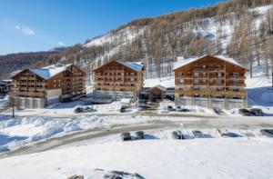 アロスにあるLa foux d allos Superbe appartement 6 couchages ,piscineの雪の中の建物群