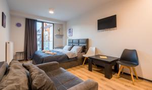 a living room with a couch and a bed at New Gudauri, Loft 1, Kato 236 in Gudauri