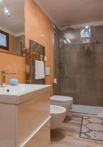 y baño con ducha, aseo y lavamanos. en FAETOLE typical Tuscan country house near FLORENCE, en Capannuccia