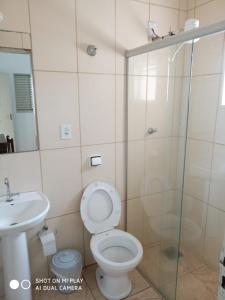La salle de bains est pourvue de toilettes, d'un lavabo et d'une douche. dans l'établissement Hotel Iguaçu, à Botucatu