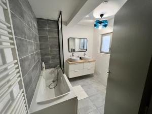y baño con bañera, lavabo y espejo. en Le Rêve Bleu Appartement Hyper-centre en Carcasona