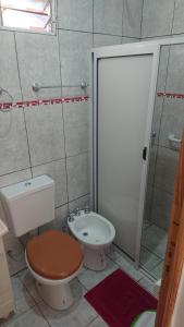 y baño con aseo, lavabo y ducha. en El Depto de la Abuela en Puerto Iguazú