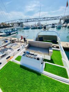a boat is docked at a dock with grass on it at Barco muy romantico con parking! in Barcelona