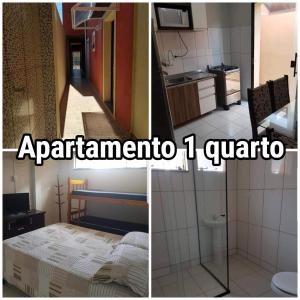2 fotos de una habitación con cama y cocina en Apartamentos na Quadra do Mar, en Guaratuba