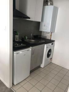 cocina con fregadero y lavadora en Superbe Appartement en plein centre ville. en La Roche-sur-Yon