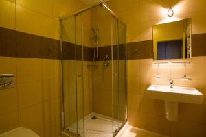 a bathroom with a glass shower and a sink at Apartmány Sport with Garage in Rokytnice nad Jizerou