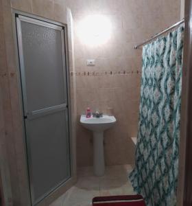 a bathroom with a shower curtain and a sink at Valentine's Castle in Saint Annʼs Bay