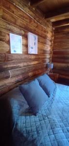 uma cama num chalé de madeira com duas fotografias na parede em WAIKIRI em Potrerillos