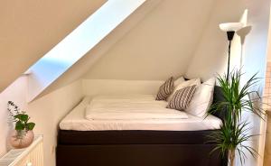 a bed in the attic with two plants at urbanstays Linz Landstraße - city center - near casino in Linz