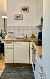 a kitchen with white cabinets and a sink at urbanstays Linz Landstraße - city center - near casino in Linz