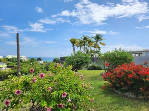 een tuin met bloemen en palmbomen op de achtergrond bij VILLA 6-10 PERS, VUE MER, Piscine Privée, PLAGE A PIEDS in Le Gosier