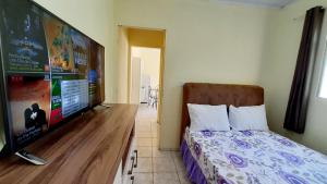 hospedagensjaguariaiva في Jaguariaíva: غرفة نوم بسرير وتلفزيون بشاشة مسطحة