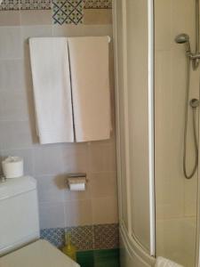 y baño con ducha y aseo con toalla. en Giardino Di Sicilia, en SantʼAgata di Militello