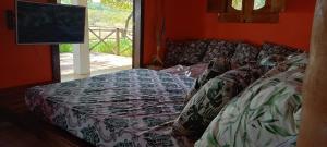 uma cama num quarto com uma televisão e um sofá em Villa da Apa em Japaratinga