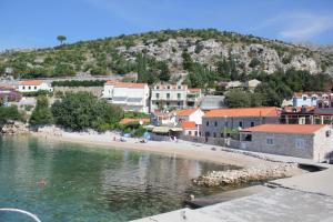 a view of a beach with buildings and a mountain at Apartments Boris in Zaton