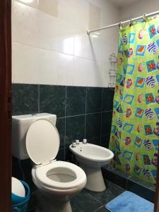 a bathroom with a toilet and a shower curtain at El Descanso Housse II in San Miguel de Tucumán