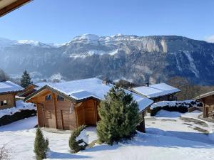 una casa nella neve con una montagna sullo sfondo di Chalet Les Carroz d'Arâches, 5 pièces, 8 personnes - FR-1-572-32 ad Arâches