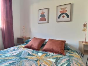 ein Schlafzimmer mit einem Bett mit zwei Kissen darauf in der Unterkunft Maison calme-golf in Montboucher-sur-Jabron