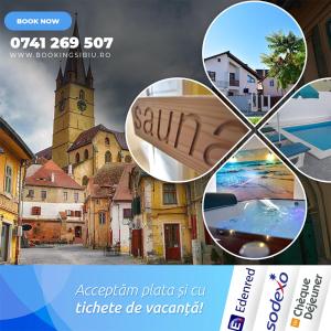 a collage of pictures of a town with a clock tower at White House & Jacuzzi in Sibiu