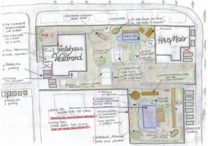 un dibujo de un plan de un restaurante en Gästehaus Waldrand Garni, en Wiesing