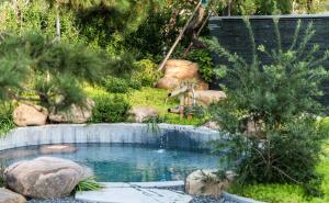a small pond in a garden with trees and rocks at voco Nanjing Garden Expo by IHG in Nanjing