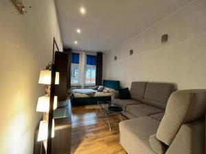 ein Wohnzimmer mit einem Sofa und einem Tisch in der Unterkunft Apartament Centrum-Zwycięstwa in Gliwice