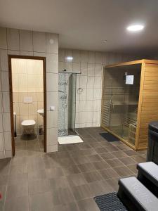 La salle de bains est pourvue d'une douche et de toilettes. dans l'établissement Ókerka Vendégház, à Csesztreg