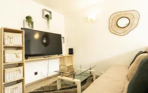 uma sala de estar com um sofá e uma televisão de ecrã plano em Joli T2 industrie hyper centre Annecy em Annecy