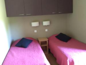 - 2 lits dans une chambre rose et bleue dans l'établissement Les Woodies, à Xertigny