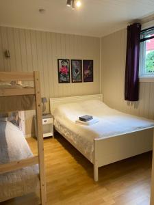 1 Schlafzimmer mit 1 Bett und 2 Etagenbetten in der Unterkunft The house of Mattis in beautiful Innvik in Innvik