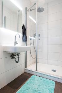 a bathroom with a sink and a shower at Hiesli am Goethebrunnen Ferienwohnung in Albersbach