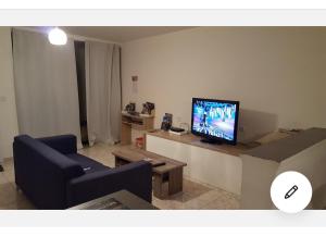 sala de estar con TV, sofá y mesa en Gîte près de Chambord, en Muides-sur-Loire